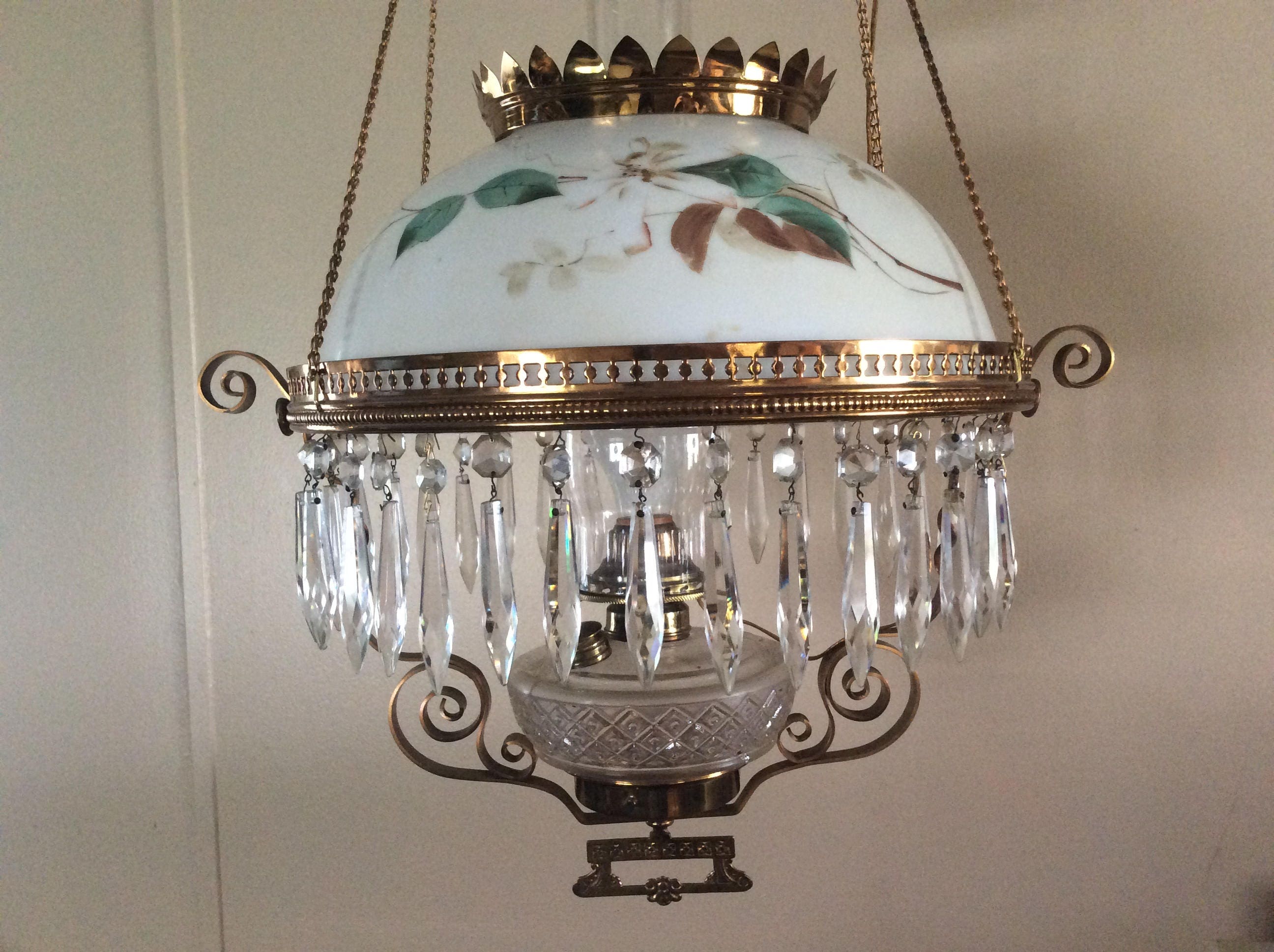 Antique Hanging Kerosene Lamp with Crystals Working Adjustable