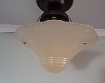 Vintage Art Deco Glass Ceiling Light Fixture Pale Yellow Hangs from 3 Chains 1930s 1 of 2