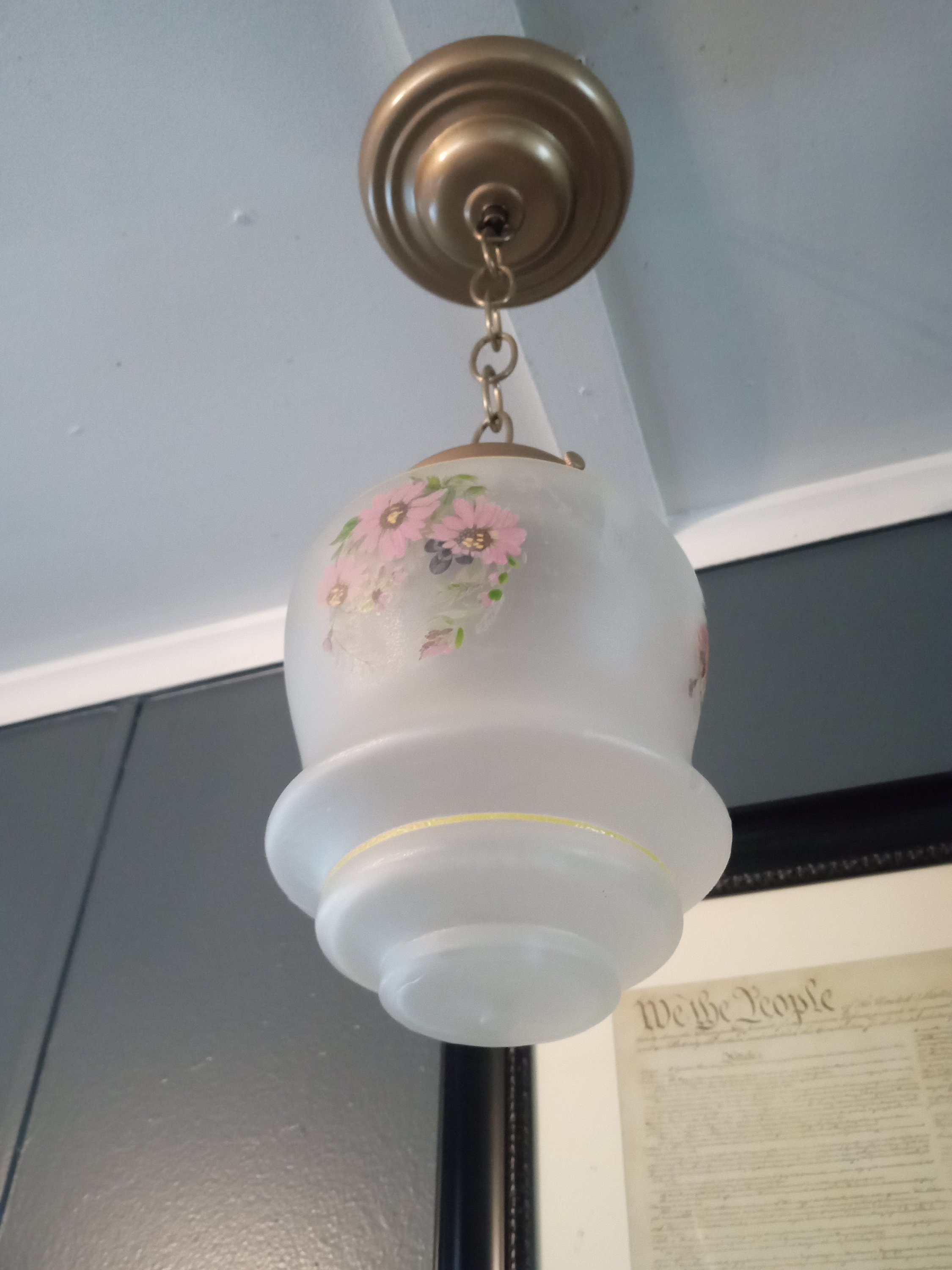Vintage Art Deco Pendant Light Frosted Pink Floral Unique Shape Rewired ...