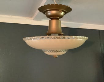 Vintage Art Deco Ceiling Light Fixture Crystal Slant Bead Design Beige 1930s