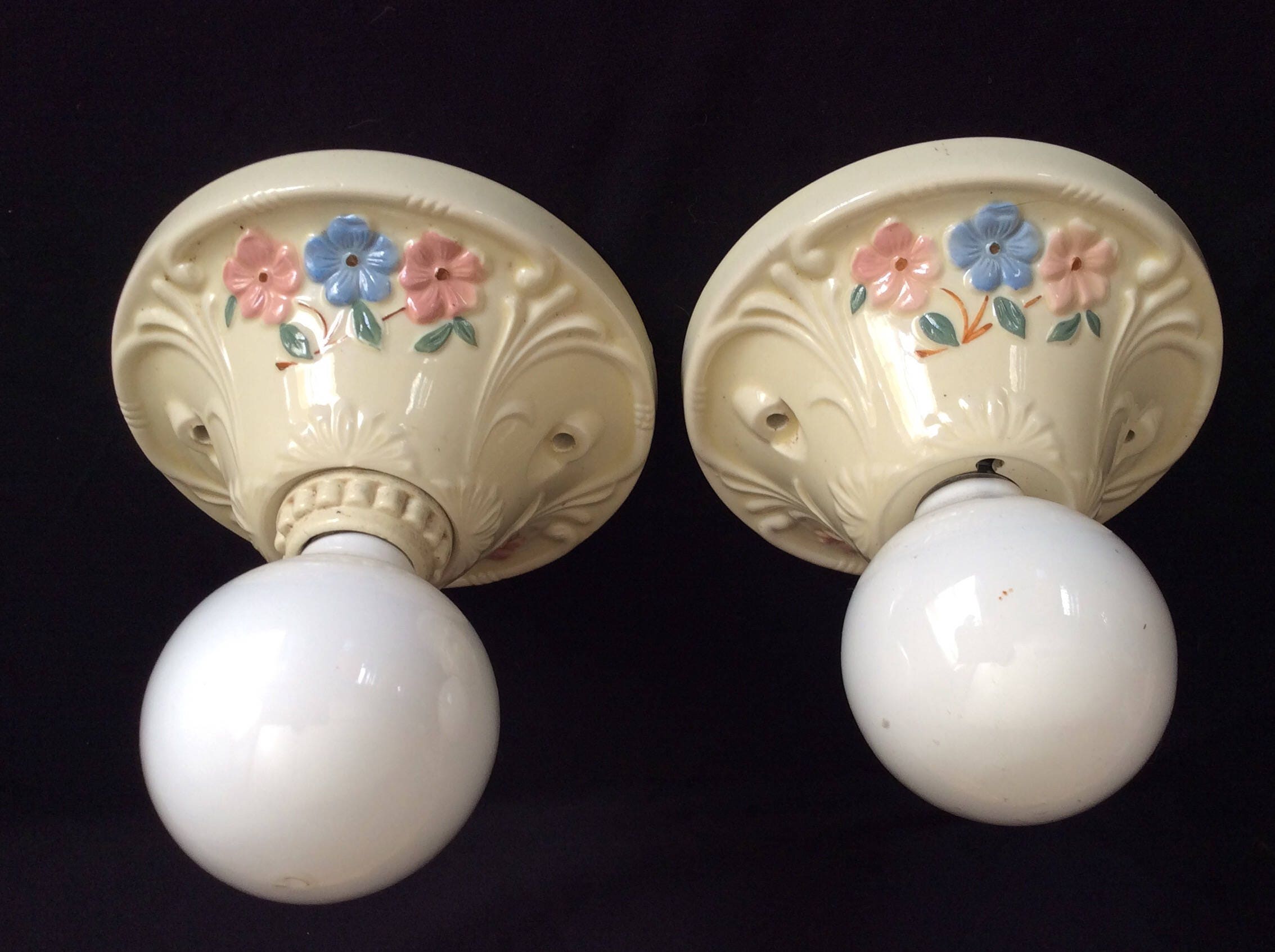 Antique Pair of 2 Porcelain Ceiling Light Fixtures Painted Flowers Art
