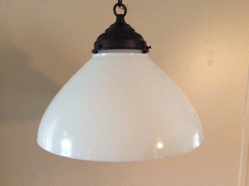 Vintage Milk Glass Pendant Cone Shade Light 1930s Industrial Smooth Texture 10 Inch
