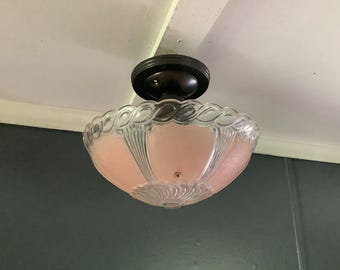 Vintage Art Deco Ceiling Light Fixture Slant Bead Crystal Design Pink and Clear 1930s
