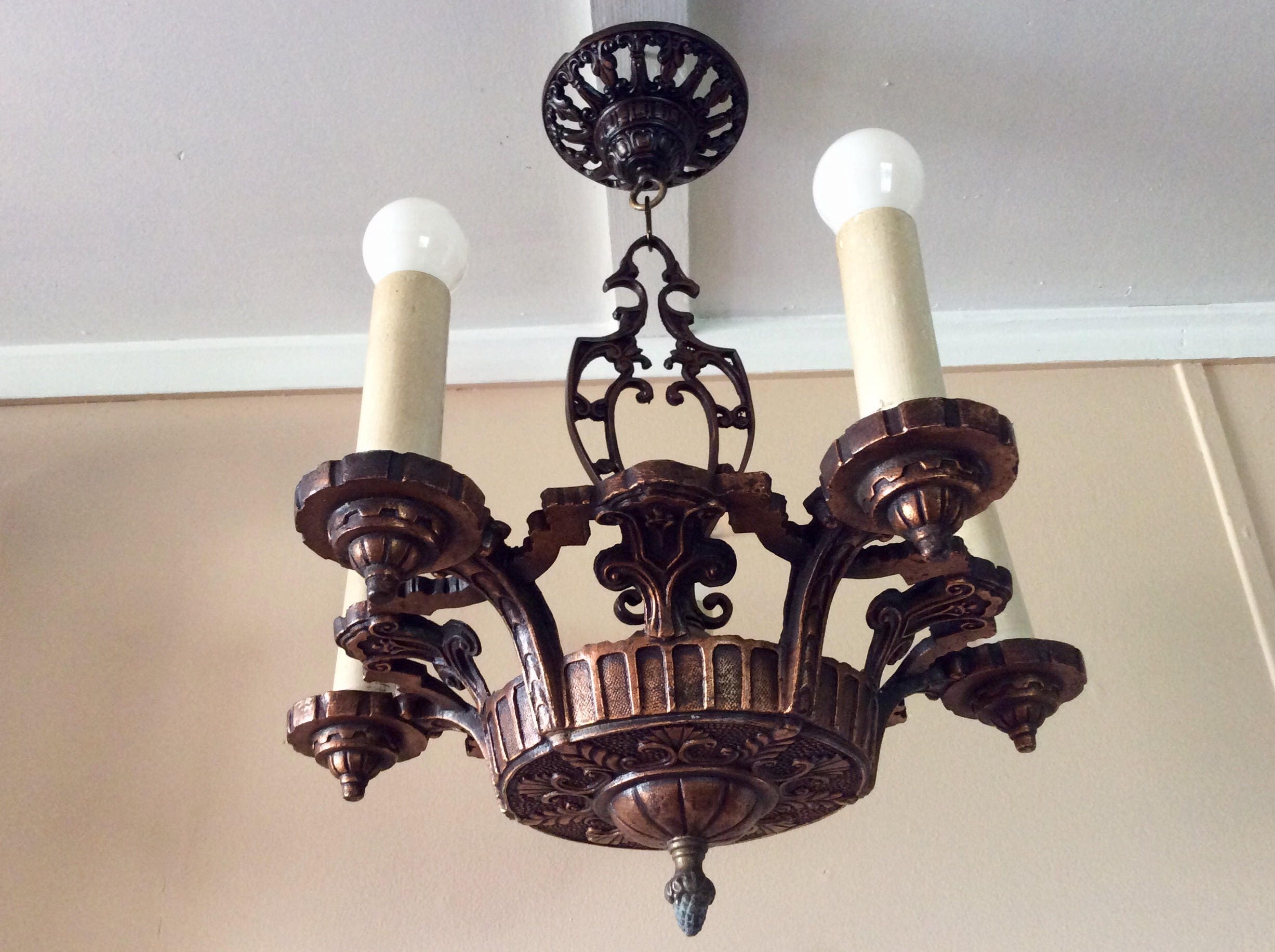 Antique Art Deco Chandelier Antique Copper 5 Candle Light Covers 1930s