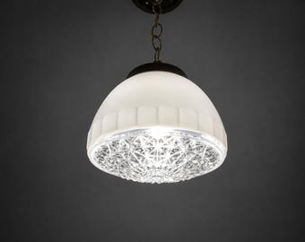 Vintage Prismatic and Milk Glass Pendant Light Art Deco 1940s industrial