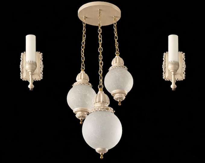 Featured listing image: Vintage Moe Light Chandelier and Wall Sconces Crackle Glass Spanish Revival Hollywood Regency 1960s-1970s