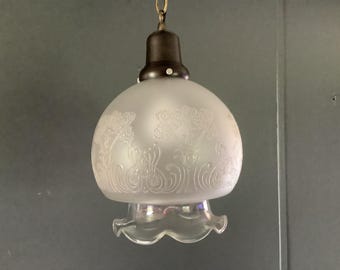 Vintage Mid Century Victorian Pendant Light Hurricane Shade Acid Etched Large Globe 1950s