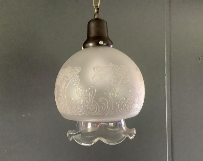 Featured listing image: Vintage Mid Century Victorian Pendant Light Hurricane Shade Acid Etched Large Globe 1950s
