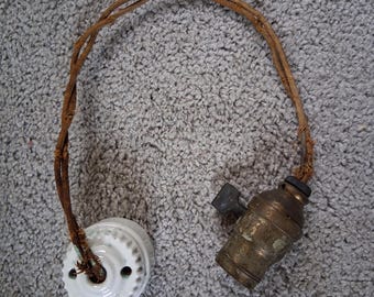 Antique Industrial LightBrass Socket Paddle Switch Cloth Cord Bryant 1917