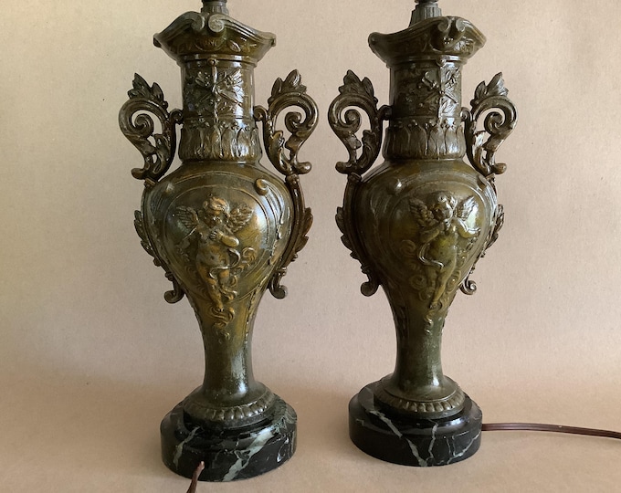 Featured listing image: Antique Pair Bronze Spelter Lamps Cherubs Late 19th Century 1800s French Neoclassical