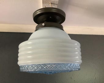 Vintage Blue Prismatic and Opal Blue Milk Glass Ceiling Light Fixture Art Deco 1940s Industrial