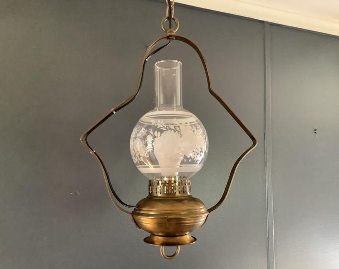 Featured listing image: Victorian Brass Hanging Light Chandelier Large Acid Etched Shade Early 1900s Poss Pair
