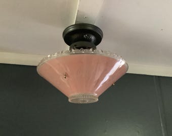 Antique Art Deco Hanging Glass Ceiling Light Fixture Hangs from 3 Chains Pink Glass And Crystal 1930s