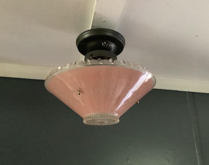 Featured listing image: Antique Art Deco Hanging Glass Ceiling Light Fixture Hangs from 3 Chains Pink Glass And Crystal 1930s