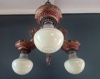 Antique Art Deco 3 Bulb Ceiling Light Fixture Chandelier Polychrome Cast 1920s