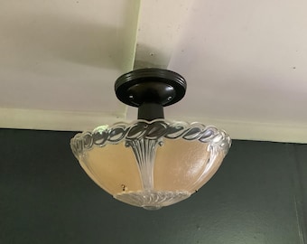 Vintage Art Deco Ceiling Light Fixture Slant Bead Crystal Design Beige and Clear 1930s