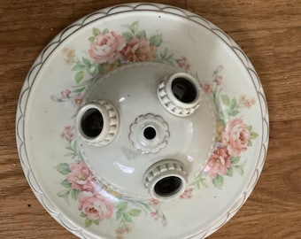 Antique Art Deco Porcelain Ceiling 3 Light Fixture 1930s Gold Accents Porcelier