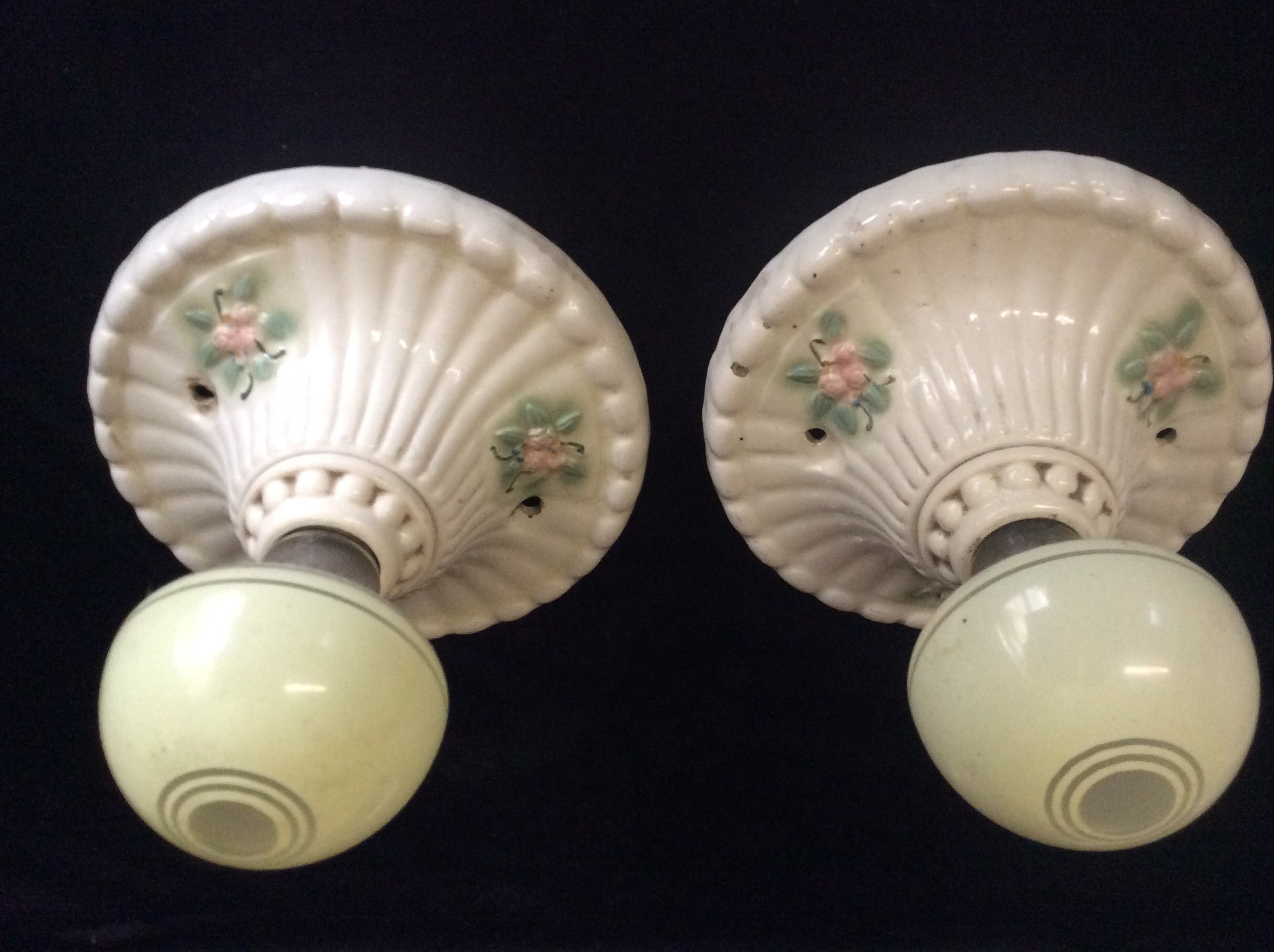 Antique Pair of 2 Porcelain Ceiling Light Fixtures Painted Flowers Art