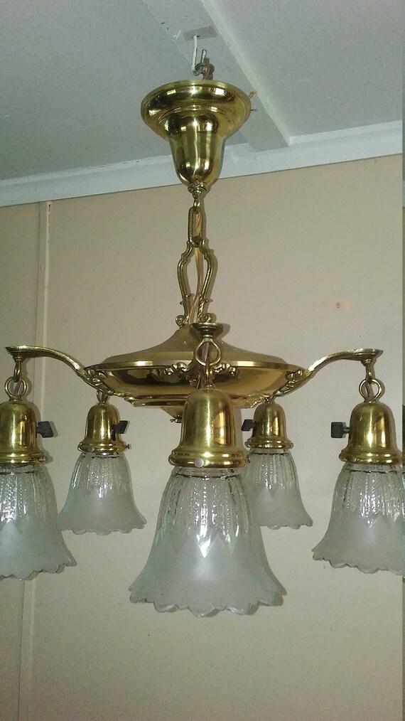 Antique Brass Pan Chandelier 5 Arm Original Shades Rewired Image 0