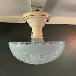 Vintage Art Deco Semi Flush Blue Glass Ceiling Light Fixture 3 Chain 1930 Original