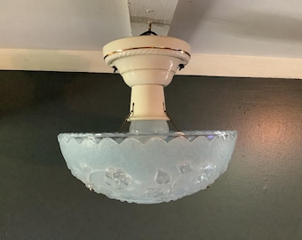 Antique Art Deco Semi Flush Blue Glass Ceiling Light Fixture 3 Beaded Chains 1930s Original