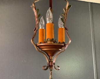 Antique Light Spanish Revival 3 Bulb Tudor Foyer Hanging Light Fixture 1920s