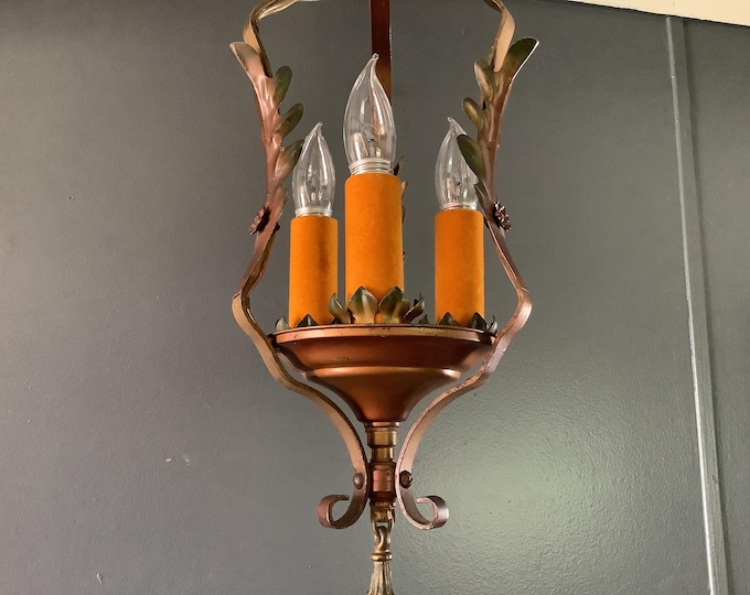 Featured listing image: Antique Light Spanish Revival 3 Bulb Tudor Foyer Hanging Light Fixture 1920s