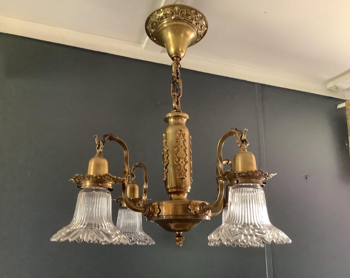 Featured listing image: Vintage Antique All Original Brass Chandelier 4 French Glass Flower Shades 1930s Art Nouveau
