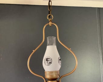 Antique Brass Harp Hanging Light Vintage Chimney Shade Victorian Early 1900s