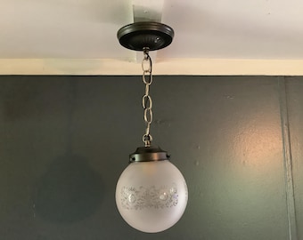 Vintage Antique Victorian Pendant Light Frosted Acid Etched Globe White 1930s