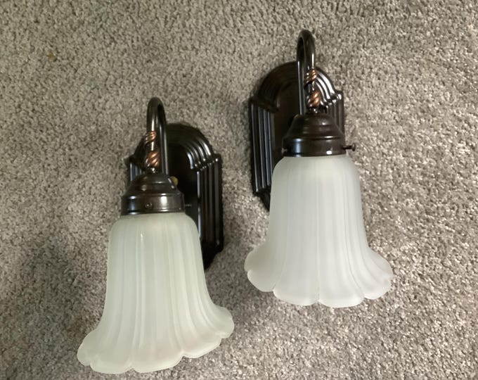Featured listing image: Vintage Pair Victorian Sconces Bronze Frosted Shades MCM 1960s