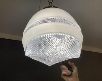 Vintage Milkglass and Prismatic Glass Pendant Light with Geometric Shaped Glass.  1930s Art Deco Industrial  Machine Era