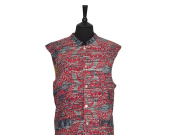 SALE KANTHA Waistcoat - X Large size - Dark grey and red. Reverse beige and pink - Vintage/Kantha Stitched/Cotton/Unique/Vest