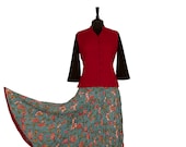 Block Printed CRINKLE SKIRT - One size 8 to 18 - Turquoise with coral flowers