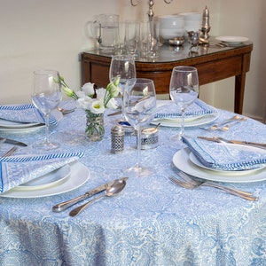 Block printed TABLECLOTH ROUND French Blue and off white fine paisley pattern - Hand Block Printed, Cotton, Machine Washable, Round