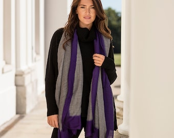 SALE Dip Dye Scarf, Fine Merino Wool, Soft, Gift for Her, Grey with Purple Border