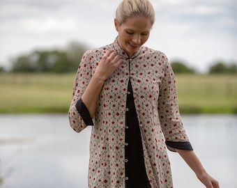 SALE Shift Dress & Tunic - All sizes - Rust and Black design on Light Beige with Shift Dress - 100% lightweight cotton/button front dress