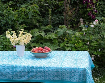 LIGHT COTTON TABLECLOTH - Paisley Floral on Aqua - Block Printed, Multi Purpose, Colourful, Rectangle, Sarong