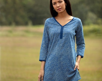 SALE Long Kurta Top – All sizes – Style 2 - French Blue Spot design – 100% lightweight cotton/tunic/3/4 sleeve/patterned top/summer top