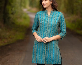 IKAT TUNIC from Orissa – Deep Turquoise with Gold – 100% cotton