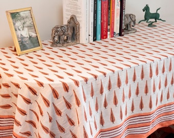 LIGHT COTTON TABLECLOTH - Tangerine Cypress Trees - Block Printed, Multi Purpose, Colourful, Rectangle, Sarong