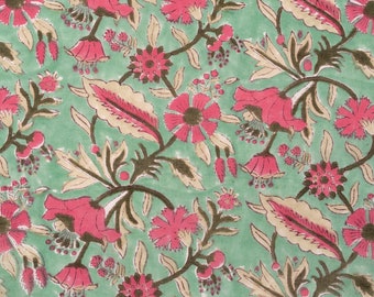 COTTON FABRIC 53 - Pink Flowers on Mint Green