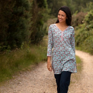 SALE Long KURTA TOP – All sizes – Style 2 - Turquoise Blue with Pink Paisley - 100% lightweight cotton/tunic/3/4 sleeve/summer top