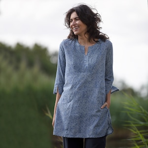 SALE Long Kurta Top – Style 3 - French Blue Spot design – 100% cotton/Block Printed/Pintuck Detail/Multi Size/Mid Thigh Length/Tunic Shirt