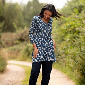 SALE Long KURTA TOP – All sizes – Style 2 - Indigo with Two Spots - 100% lightweight cotton/tunic/3/4 length sleeve/patterned top