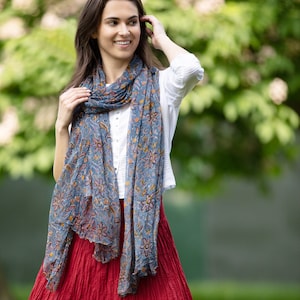 CHIFFON SCARF  - Soft Viscose Chiffon, Delicately Block Printed, Gift for Her, Dusky Blue with Pink and Tumeric
