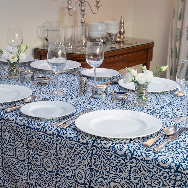 Block printed TABLECLOTH - Blue and White Flower Pattern - Hand Block Printed, Cotton, Machine Washable, Rectangle