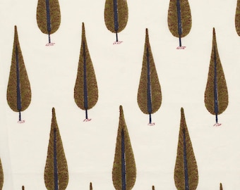 COTTON FABRIC DESIGN 21 - Hand block printed Olive Green Cypress Trees with Blue Trunk motif