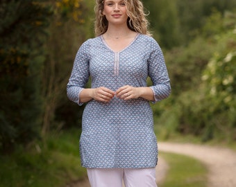 SALE Long KURTA TOP – All sizes – Style 2 - Teal Blue with White Scallop design - 100% lightweight cotton/tunic/3/4 sleeve/summer top