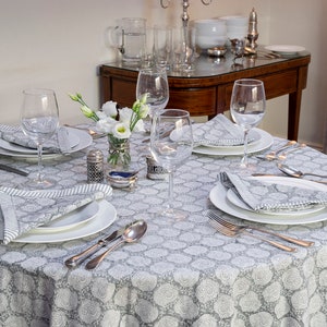 Block printed TABLECLOTH ROUND - Ash Grey Small Paisley pattern - Hand Block Printed, Cotton, Machine Washable, Round